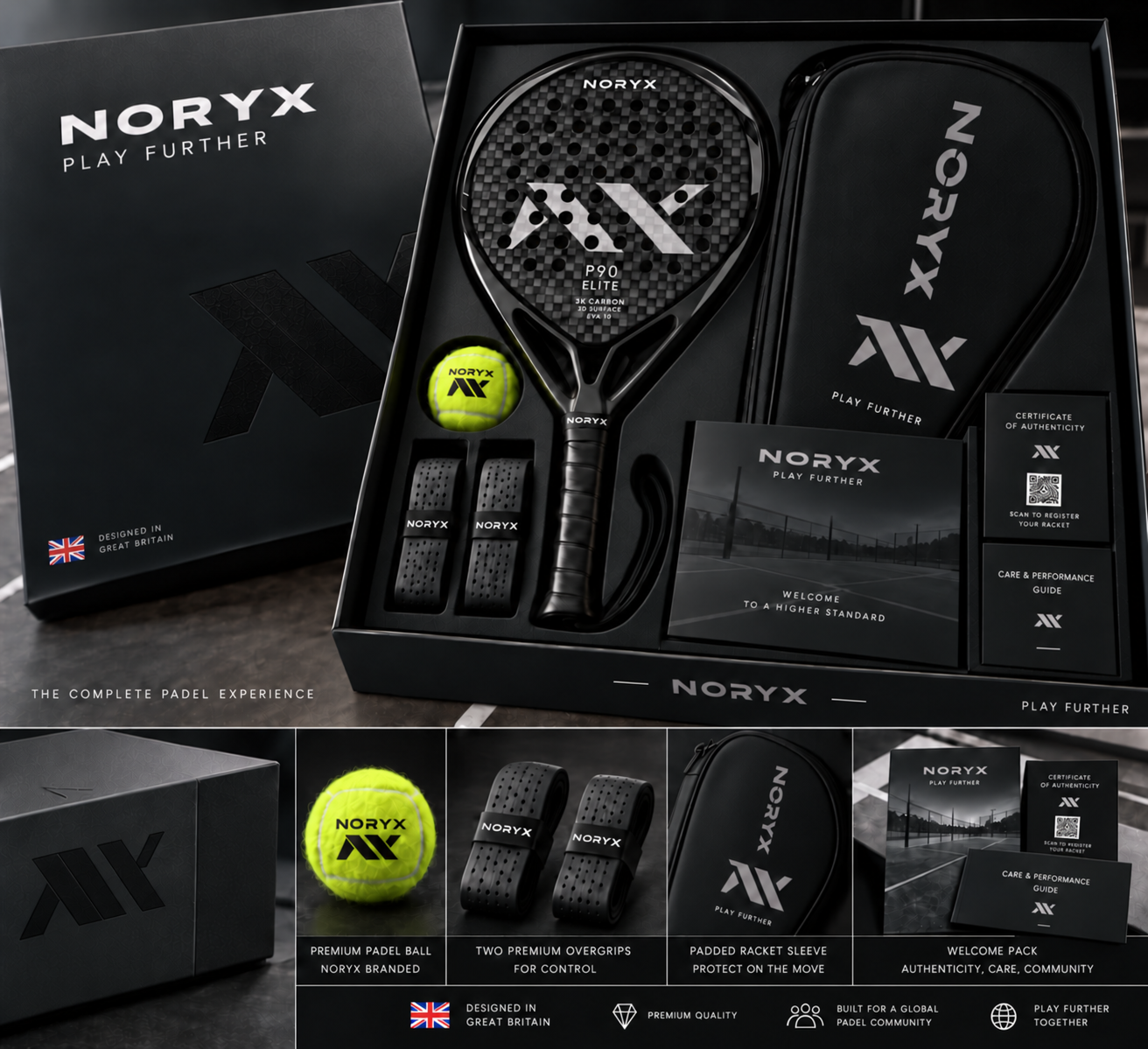 Complete NORYX presentation artwork showing the open box with a full racket and grip, padel ball, two overgrips, protective racket sleeve and welcome pack